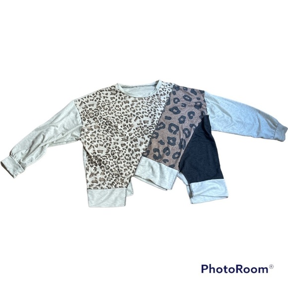 Asymmetrical Hem Leopard Print Colorblock Long Sleeve Top Size M - Picture 1 of 3